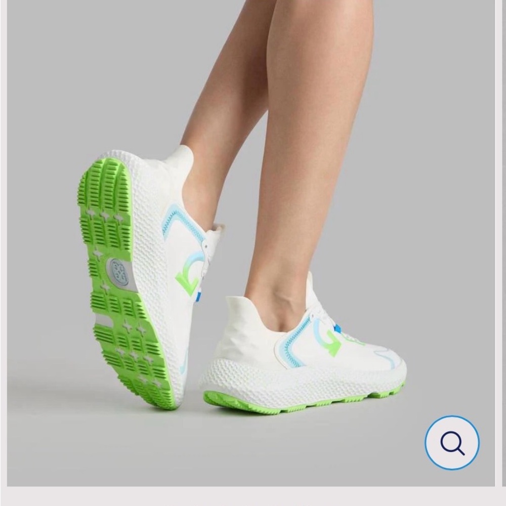 G/FORE White Athletic Sneakers with Lime Green and Light Blue Accents